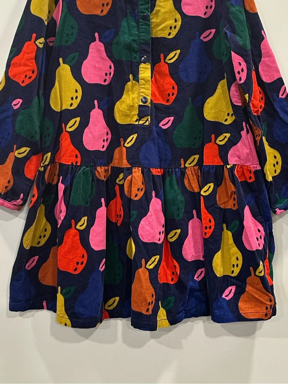 Hanna Andersson Corduroy Dress Long Sleeve Navy Colorful Pear Print Size 120 6/7